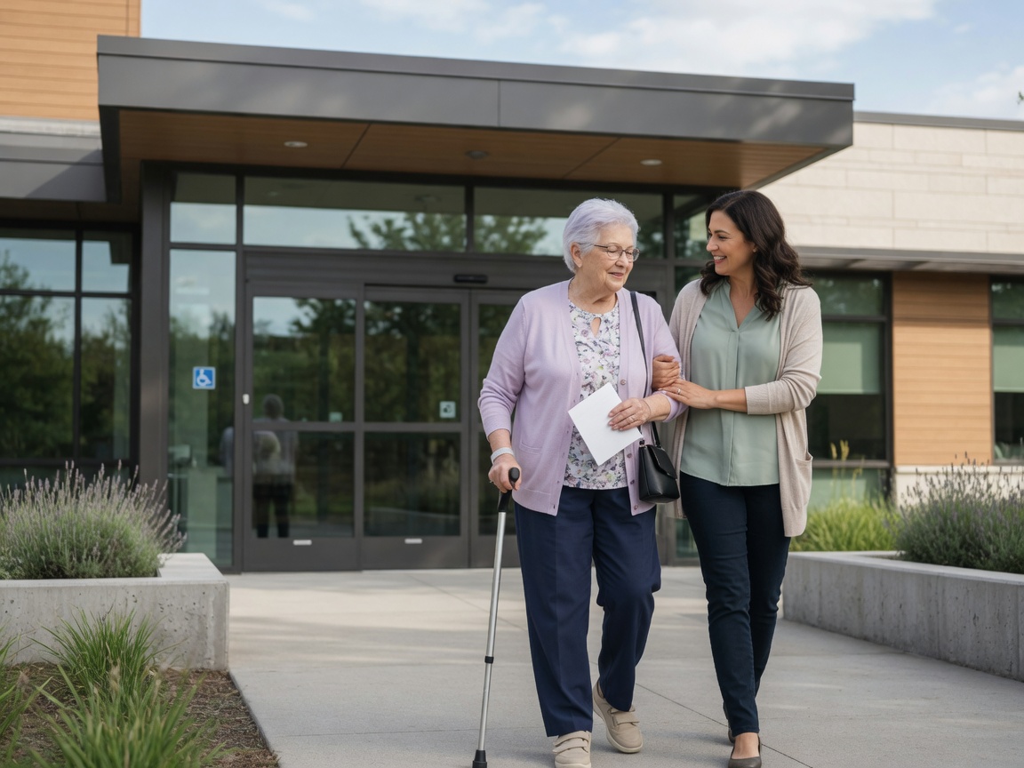 Companion walking arm-in-arm with a senior to a medical clinic