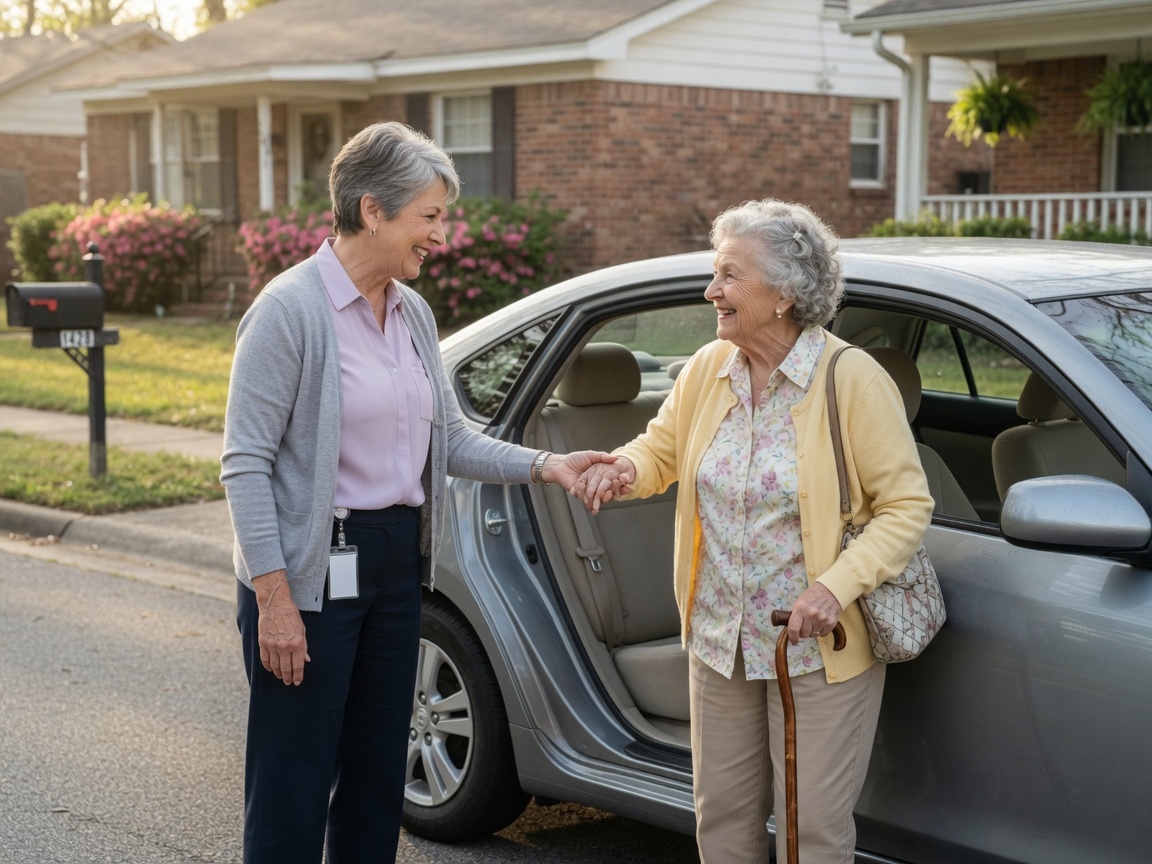 Driver companion helping a smiling senior out of a vehicle