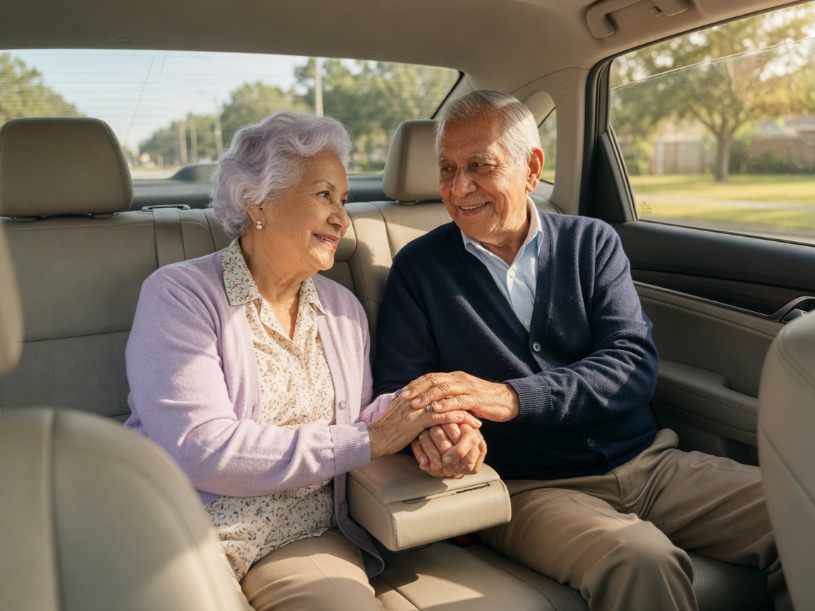 Elderly couple holding hands and smiling during a peaceful ride